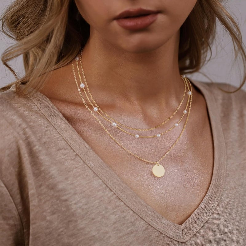 MFRYK Gold/Silver Necklaces Stack For Women,14K Gold/Sterling Silver Plated Simple Layered Choker Necklaces For Women,Stackable Multilayer Pearl Cross Disc Circle Pendant Cuban Herringbone Snake Paperclip Chain Necklaces Set Jewelry Gift for Women - Image 4